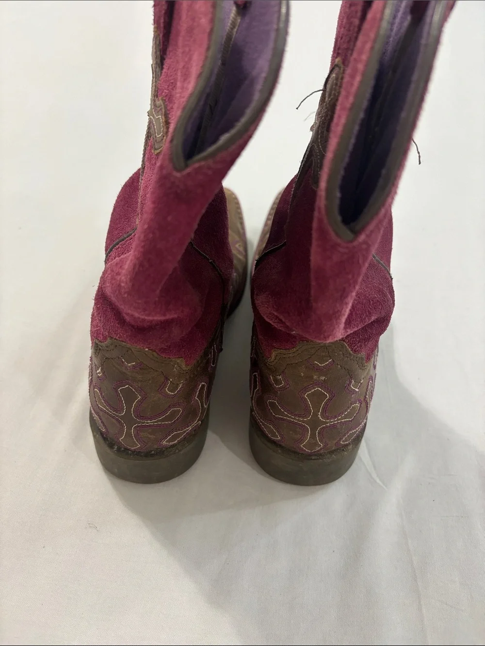 Ariat Girl’s Brown Leather and Magenta Suede Western Cowgirl Boots with Cross